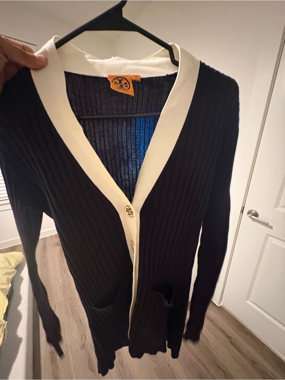 Tory Burch Black Ribbed Cardigan with Cream Trim